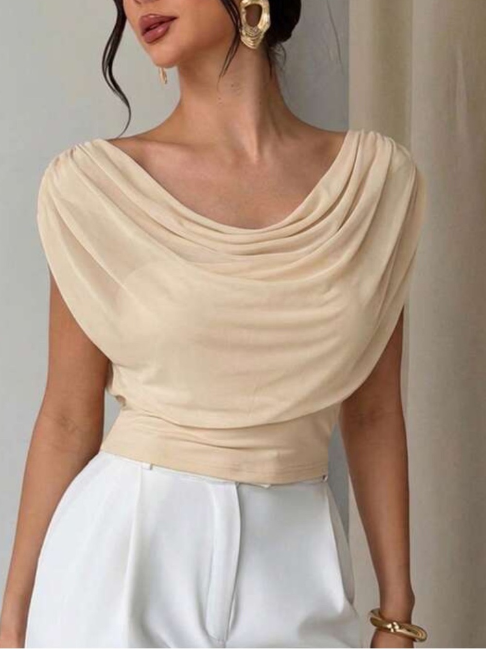 Pixie Market Pale Cream Draped Cowl Neck Top